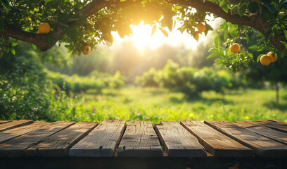 Orange trees. Scenic nature background and wooden table for product display template. Empty wooden plank podium over blurred green trees orchards on sunlight background - obrazy, fototapety, plakaty