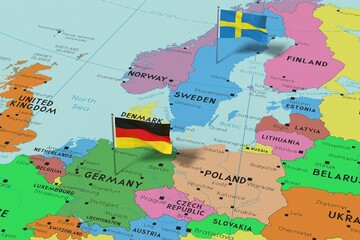 Germany and Sweden - pin flags on political map - 3D illustration