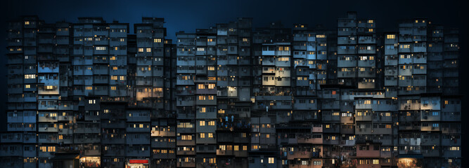 Fototapeta na wymiar Apartment block windows at night tall generative ai