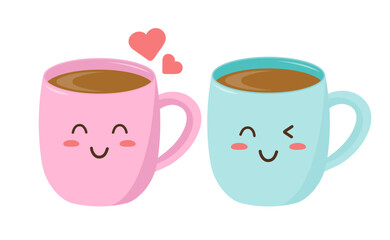 Paired mugs. Kawaii style. Valentine's Day. Vector illustration.