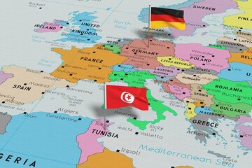 Germany and Tunisia - pin flags on political map - 3D illustration