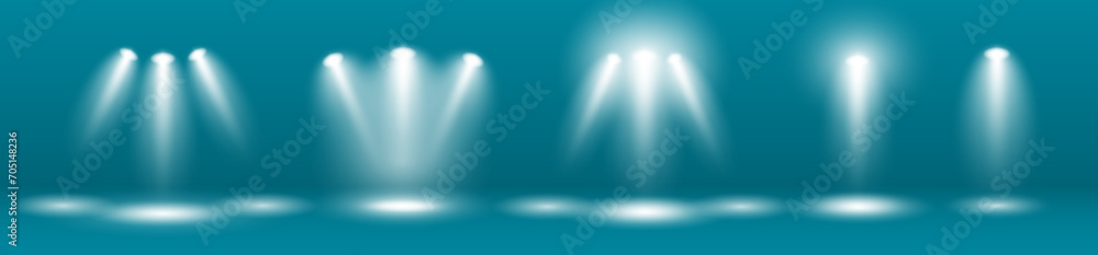 Poster a set of spotlights to illuminate the stage with white rays on a dark background. luminous transpare