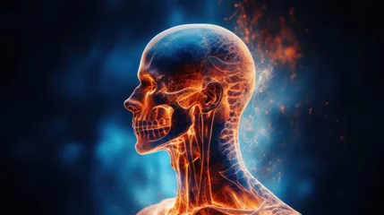 Foto op Canvas In the X-rays portrayal,  a radiant blue skeletal structure emerges amidst fading lighting,  highlighted by bursts of orange for pain,  with a normal human head against the dark background © basketman23