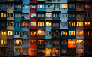 Apartment block windows at night tall generative ai