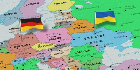 Germany and Ukraine - pin flags on political map - 3D illustration