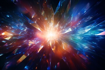 Fototapeta premium A kaleidoscopic rainbow shining over a dark backdrop with a crystal-like abstract glow and a holographic reflection of sunlight creating a colorful bokeh.