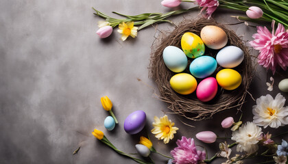 Fototapeta na wymiar Colorful Easter eggs and blooming flowers arranged around a nest with eggs on a textured surface.