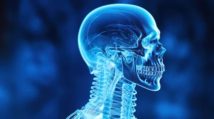 Fotobehang X-ray reveals a luminous blue skeleton with fading light,  punctuated by orange pain indicators,  with a typical human head against a dark background © basketman23