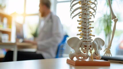 Spine model on table in manual therapist's clinic. Adult male patient undergoing back examination by physiotherapist in blurred background.