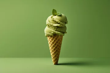 Foto auf Alu-Dibond A matcha green tea ice cream cone with a mint leaf on top. (Generative AI) © ShafiAzim