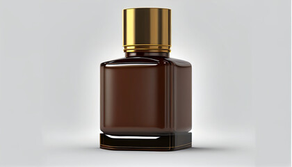 An isolated front view of a brown, scented bottle with gold accents on a white background