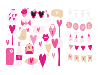Set of decorative elements for Valentine's day for your design. Hearts, balls, candies, birds, letters, flags. Sticker pack. Isolated elements on a white background. Doodle. Hand drawn. Vector