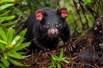 A wild Tasmanian Devil in its natural forest habitat