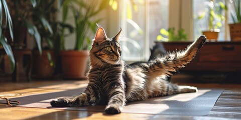 Feline wellness or joyful female in yoga extending limbs for physical flexibility health or well-being. Baby cat companion or serene lady in fitness routine or practice preparing in home training.
