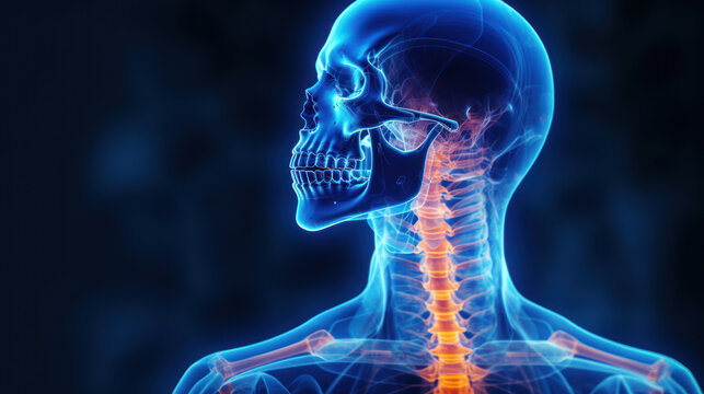 Amidst the X-rays depiction,  a radiant blue skeletal system fades into darkness,  marked by orange indications of pain,  with a normal human head