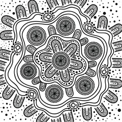 Aboriginal art style hand drawn illustration in black and white
