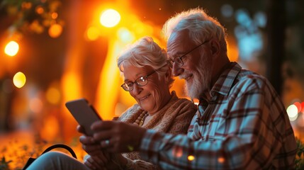 Obraz premium Senior Couple Smiling Over Smartphone in Cozy Autumn Setting