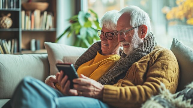 Cozy Senior Couple Sharing a Moment with Technology on a Comfortable Couch