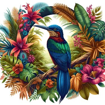 Harmony of Nature's Palette:A Kaleidoscope of Colorful Birds Amidst Blossoms, Foliage, and Sunset Splendor. Generative Ai