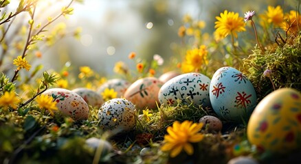 Obraz na płótnie Canvas easter eggs on the grass background 