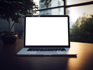 Laptop screen mockup, white isolated empty computer screen, open laptop standing on table - obrazy, fototapety, plakaty