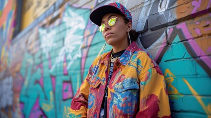Obraz premium Stylish female in vibrant '90s urban wear with graffiti art backdrop