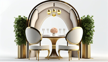 Isolated tables and chairs in a classic luxury restaurant style against a white background
