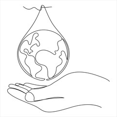 single line continuous drawing earth water drop and concept world water day outline vector illustration