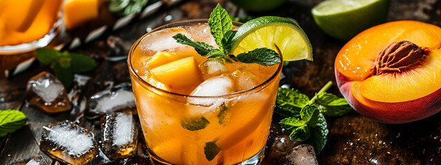 peach refreshing cocktail with ice, lemon mint