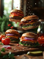 Realistic 3D burgers flying in the air, detailed meat collection, ultra realistic icon with aerial...