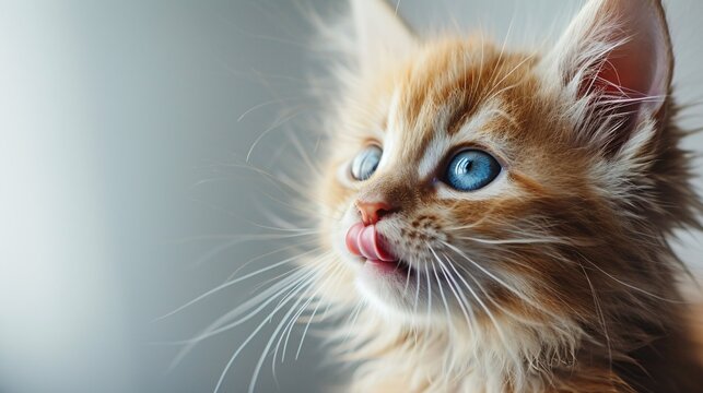 Amusing feline licks its mouth. Portrait of a white and red kitty with stunning blue gaze facing forward. Adorable famished cat. Studio image. Blank area for words.