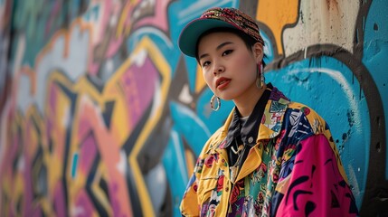 Urban Asian chic model in bold '90s streetwear against a colorful graffiti backdrop