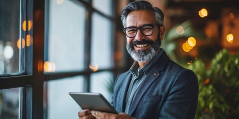 Cheerful Latino Hispanic bearded dapper middle-aged executive corporate leader grinning Indian elder tycoon CEO holding electronic tablet  - obrazy, fototapety, plakaty