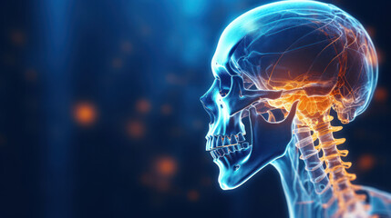 X-ray reveals glowing blue skeleton,  fading light,  and orange pain indicators,  with a typical human head against a dark background - obrazy, fototapety, plakaty