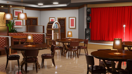 Restaurant interior with stage. 3d illustration
