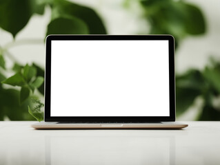 Laptop screen mockup, white isolated empty computer screen, open laptop standing on table with tropical green plants