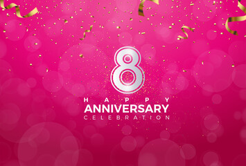 Eighth 8th Anniversary celebration, 8 Anniversary celebration, Realistic 3d sign, Pink background, festive illustration, Silver number 8 sparkling Glitter With Confetti, 8,9