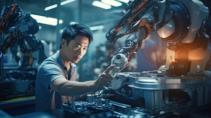Asian technicians working at industrial robot in modern factory. engineer check and control automation robot arms machine in intelligent factory industrial on real time monitoring system software. - obrazy, fototapety, plakaty