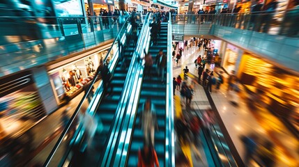 Blurry movement of Asian individuals riding an escalator in a bustling Hong Kong shopping center, showcasing the city's thriving economy and diverse lifestyle.