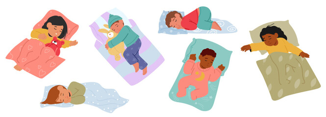 Peaceful Children Characters Sleep, Nestled In Dreams. Soft Breaths And Gentle Sighs Create A Lullaby, Vector