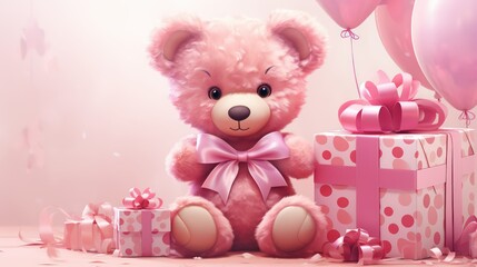 Cute teddy bear with gift box and balloons on pink background
