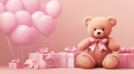 Teddy bear with pink balloons and gift boxes