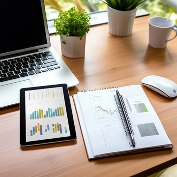 Financial graph on table, high angle and business group photo, with tablet phone and pen