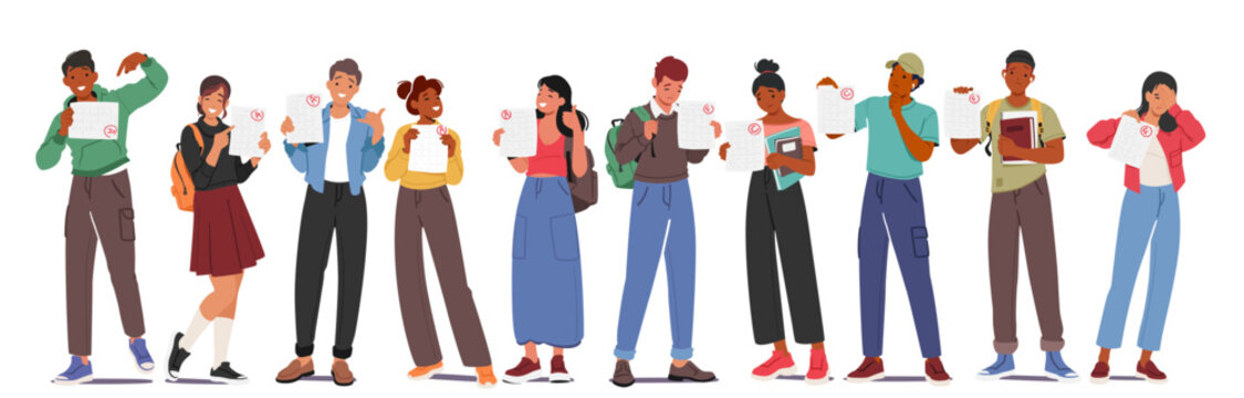 Anxious Students Male Female Characters Reveal Test Results With A Mix Of Relief And Tension, Vector Illustration