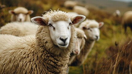 Fototapeta premium Lone sheep gazes at lens on secluded backdrop.