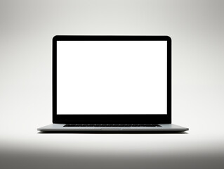 Laptop screen mockup, white isolated empty computer screen, open laptop standing on simple studio background
