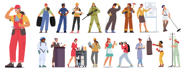 Female Character Professions, Strong Women Builder, Mechanic, Police Officer Or Architect. Soldier, Astronaut, Orator