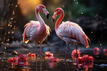 Wild Cutie Closeup of a Pink Flamingo in the Forest Generative AI - obrazy, fototapety, plakaty
