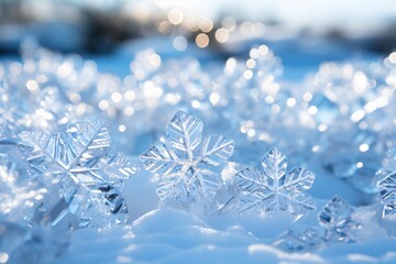 Sparkling snowflakes on winter snow, surrounded by festive twinkling lights and icy gems.