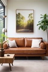 Forest Path in Sunlight with Leather Sofa and Plants
